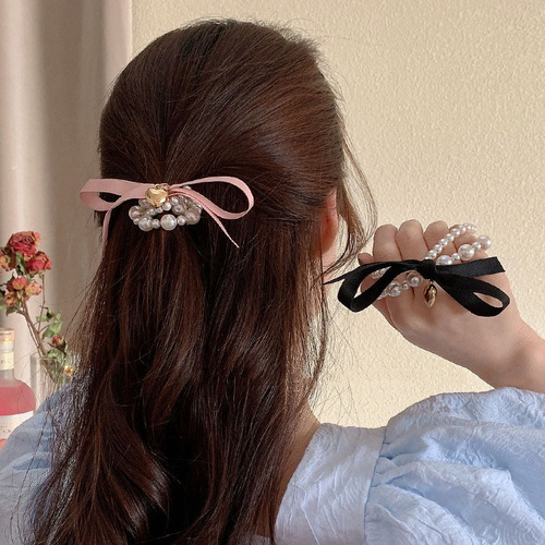 Korean pearl bow headband hair rubber band girls headband simple temperament hair rope leather set hair band summer
