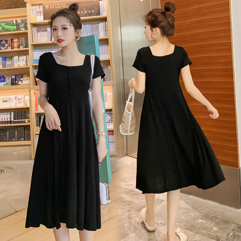 Maternity Wear, Summer Dress, Fashionable Square Collar, Elastic Over-the-knee Long Skirt, Large Size Maternity Dress, Trendy Mom Summer Skirt Maternity Wear, Summer Dress, Fashionable Square Collar, Elastic Over-the-knee Long Skirt, Large Size Maternity Dress, Trendy Mom Summer Skirt