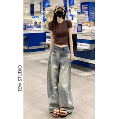 夏の女性用アメリカンスタイルのリップドワイドレッグジーンズ、スリムで小柄な人向けの新しいスタイル、ゆったりとしたハイウエストのストレートレッグ、多用途のフロアレングスパンツ