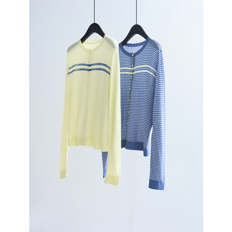 Korean-Style Color-Block Striped Knit Cardigan Tencel Linen Early Spring New Round-Neck Top Lightweight Long-Sleeve Sun Protection Korean-Style Color-Block Striped Knit Cardigan Tencel Linen Early Spring New Round-Neck Top Lightweight Long-Sleeve Sun Protection