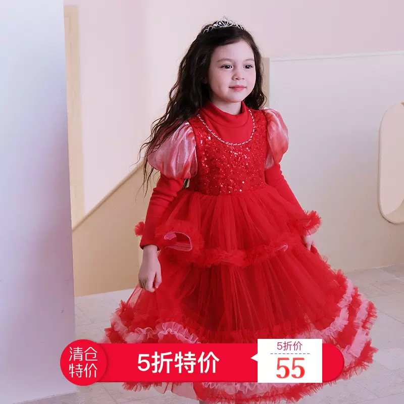 【5zhe清仓不退换】小女孩洋气圣诞裙女童连衣裙秋冬加绒红色半高