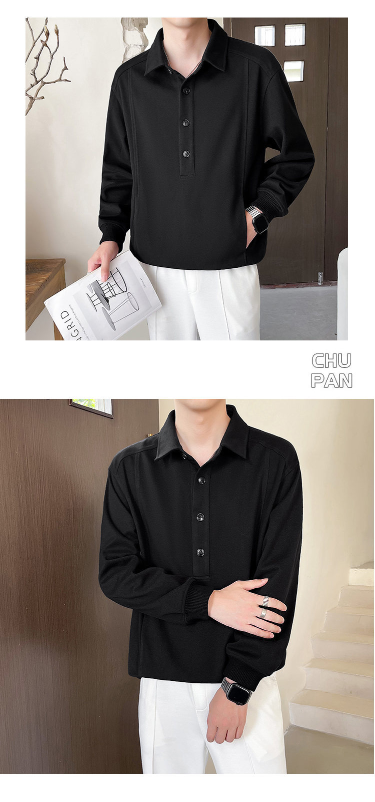 Jesenski in zimski priložnostni enobarvni pulover s kapuco in reverjem za moške_voghion.com