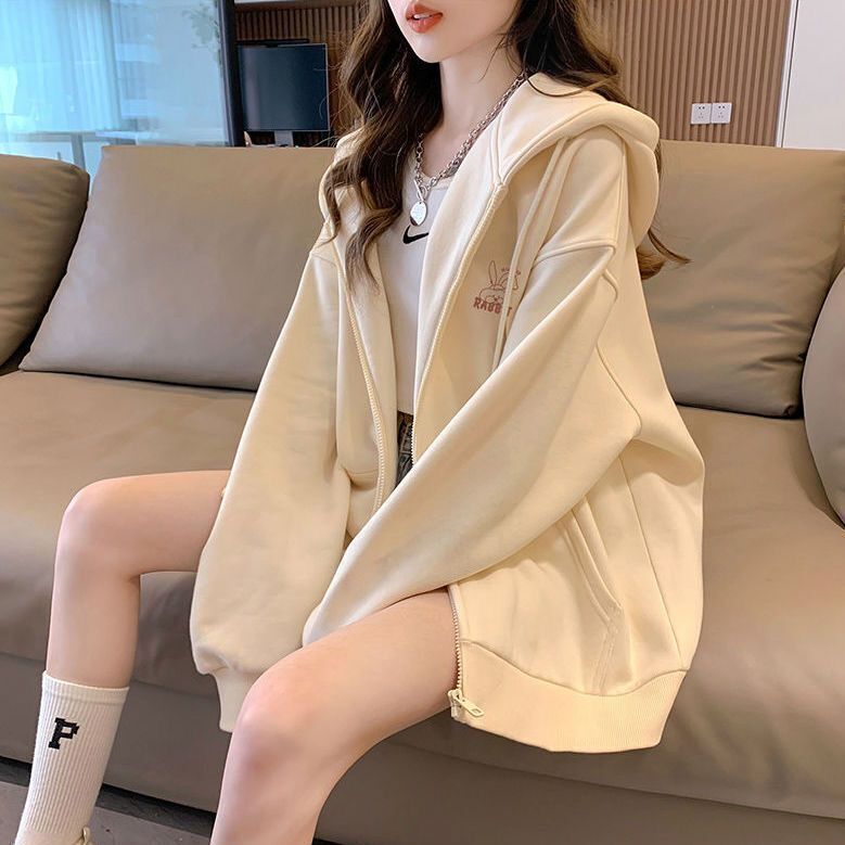 Korean style loose boyfriend style long-sleeved cardigan hooded sweater casual coat women's 2023 autumn and winter college style solid color top Korean style loose boyfriend style long-sleeved cardigan hooded sweater casual coat women's 2023 autumn and winter college style solid color top