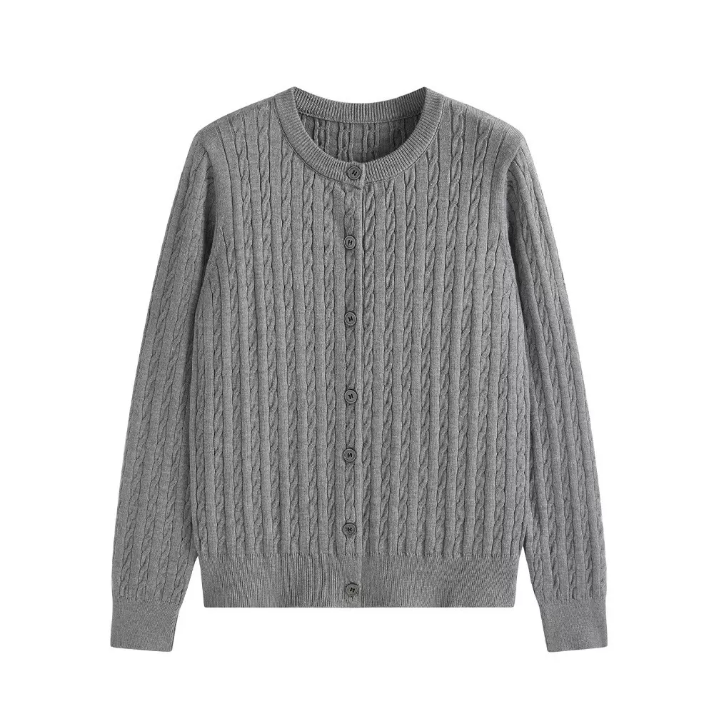 2025秋冬季新款韩系纯色麻花毛衣针织开衫女时尚气质圆领外套上衣