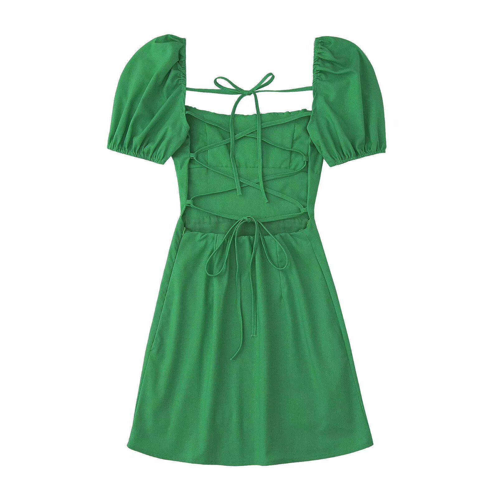 364g Weight Short Mini Dress Dress Length Type Short Sleeve Sleeve Length Princess Dress Dresses Type Puff Sleeve Sleeve Type Cotton Blend Fabric Type Mid Waist Waist Line Holiday, Daily Occasion Square Neck Neckline Slim Fit Type Solid Color Pattern Summer Season Women's Gender Elegant, Streetwear Style Black Color 6562 Spring New Women's Clothing European And American Square Collar Pure Color All-Matching Puff Sleeve Back Lace-up Backless Dress Short Skirt 6