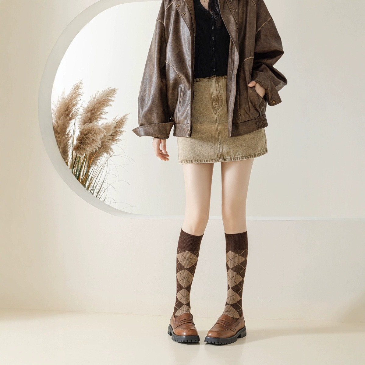 Calzini snellenti stile college britannico classico a doppia cucitura 2025d per donna, stile Argyle Ins, calzini lunghi fino al ginocchio_voghion.com