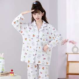 春秋季高端绉布爆款新款网红睡衣女士开衫长袖翻领印花家居服套装