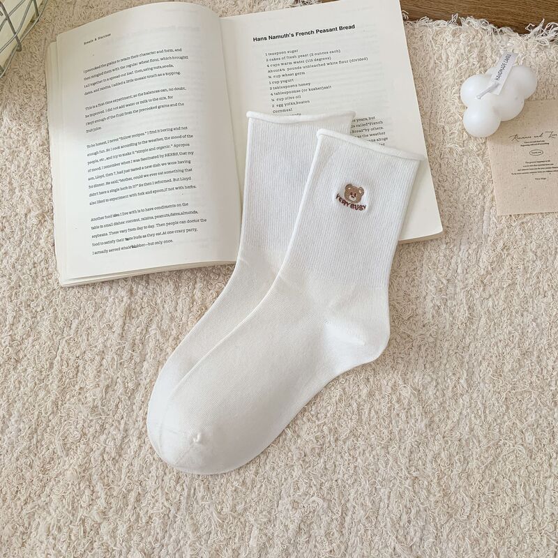 秋冬季新品拼色毛绒卡通动物保暖中筒袜日系复古卡通小熊棉长袜|undefined