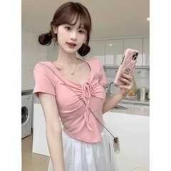 2025 アイスシルクスレッド右肩 Tシャツレディース夏甘辛デザイン巾着 V ネック不規則なショートトップ