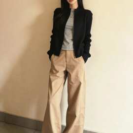 美式卡其色高腰阔腿牛仔裤女2026年春季新款宽松显瘦垂感弯刀裤子