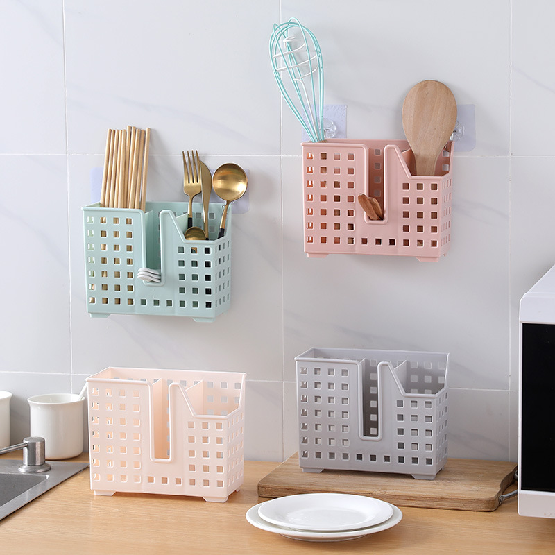 Jaula de palillos multipropósito colgante de cocina simple caja de almacenamiento de cubiertos sin clavos pegada en la pared tipo palillos de drenaje