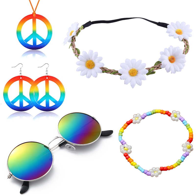 Hippie vestir accesorios paz símbolo Halloween fiesta pendientes coloridos fiesta collar traje hippie diadema