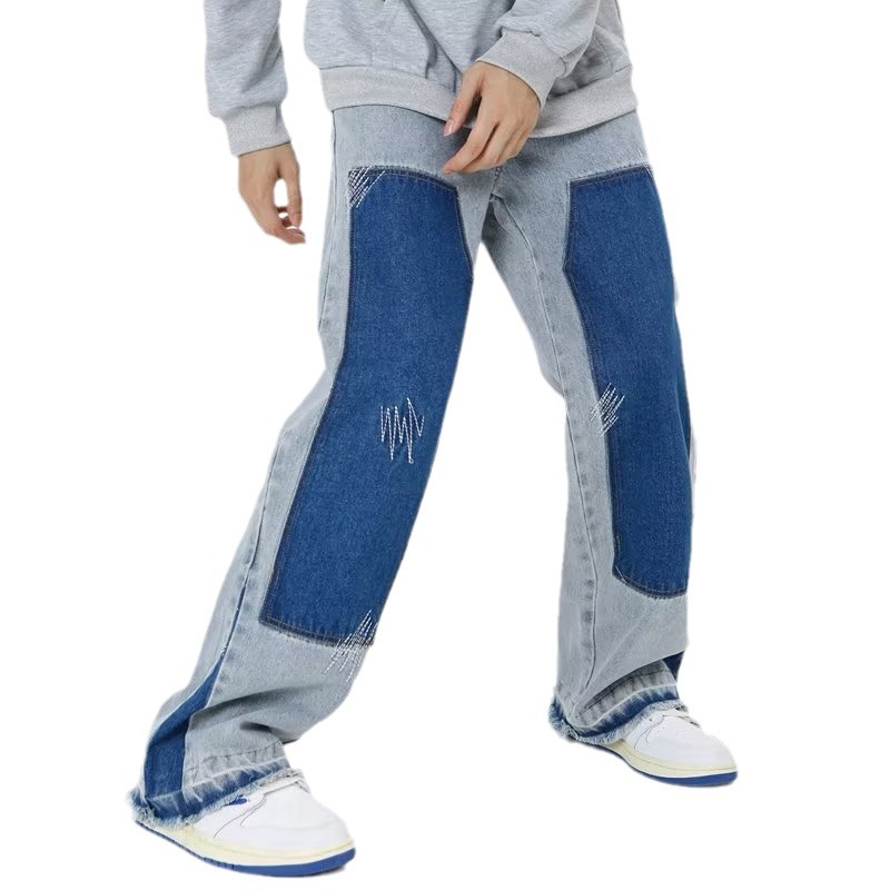 Calça jeans larga colorblock masculina, solta, reta, plus size, plus size, da moda, calça harém japonesa retrô, primavera e verão_voghion.com