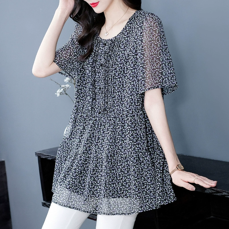 240 кг плюс размер летняя облегающая Цветочная шифоновая свободная Базовая рубашка с короткими рукавами, топ, женская одежда среднего и пожилого возраста