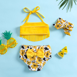 Girls' Swimwear Butterfly Flower Print Baby Girls' Tassel Sling 3-piece Swimwear Princess