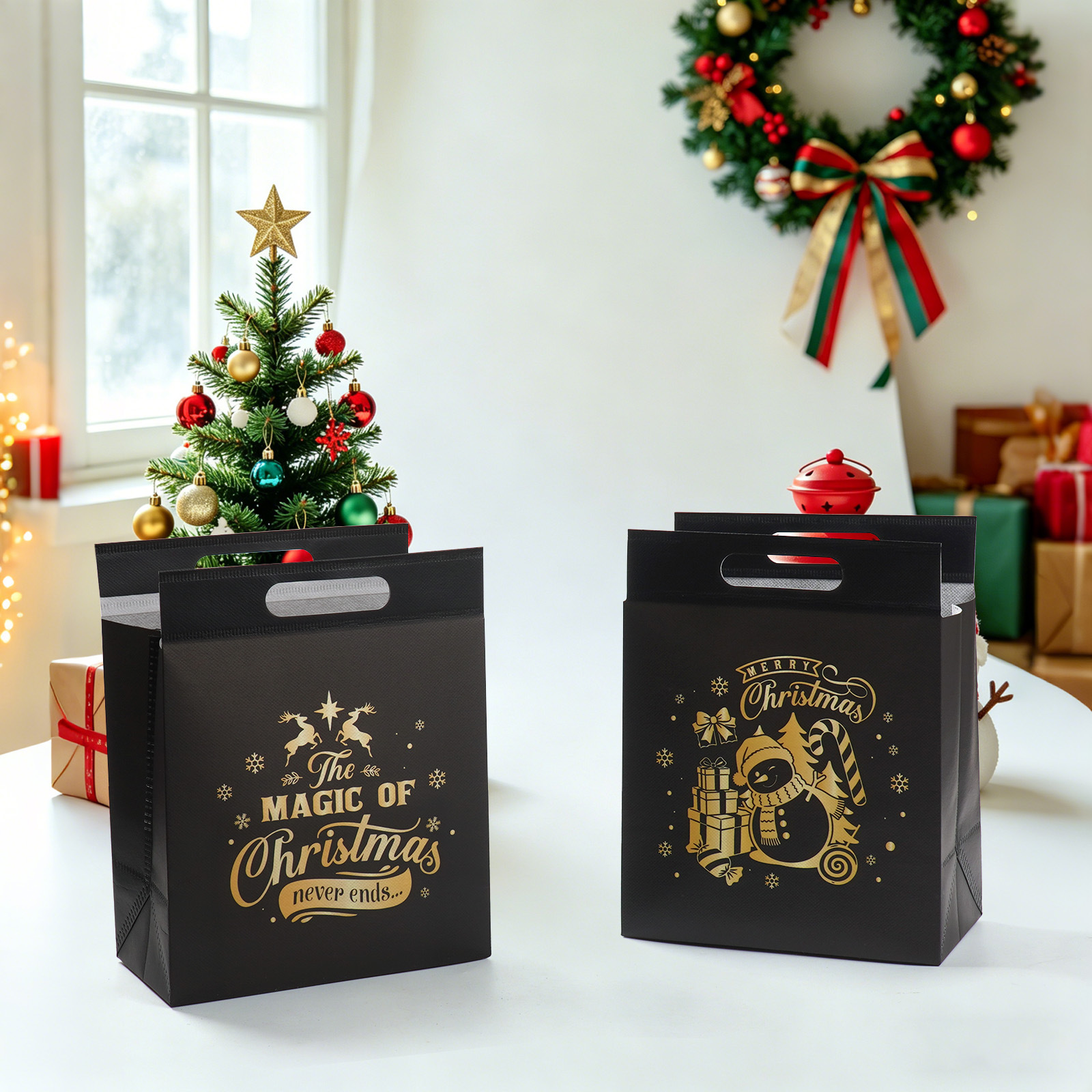 Bolsas de Navidad negras personalizadas bolsas de regalo de acompañantes de negocios embalaje de fiesta bolsas de tela al por mayor