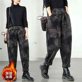 实拍胖妹妹松紧腰加绒加厚牛仔裤秋冬印花休闲裤