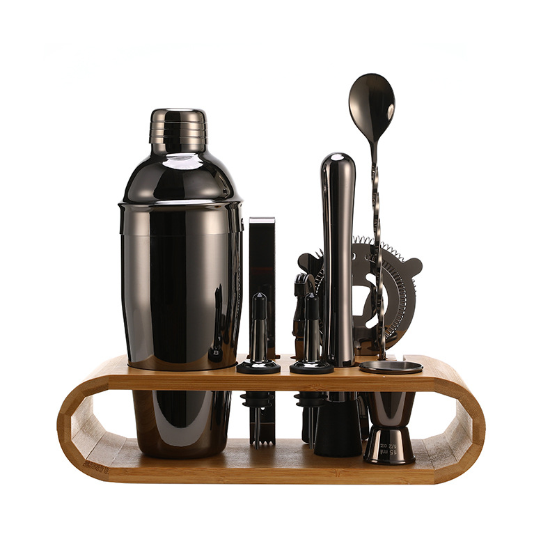 Cóctel de acero inoxidable transfronterizo herramienta de barra de 10 piezas base de marco de madera ovalada 750ML traje Shaker