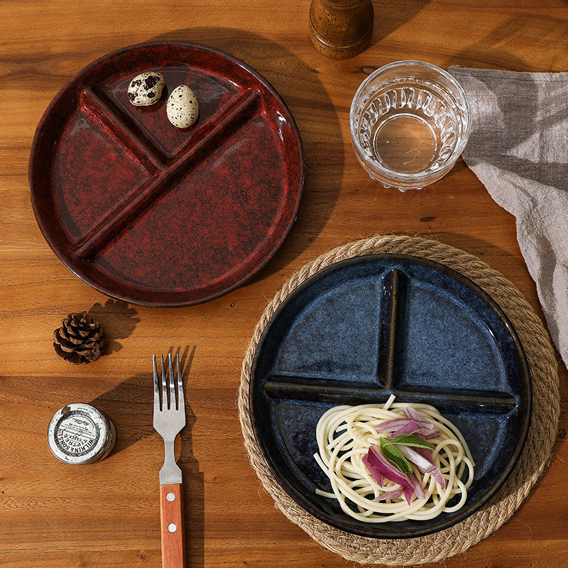 窑变陶瓷日式分格盘儿童分餐盘早餐盘子创意分隔餐盘家用减脂减肥