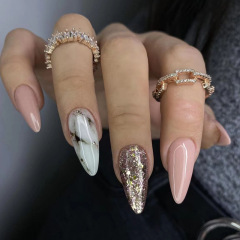 Foreign Trade Almond-Shape Marble-Effect Glittering Fragment Wearable Nails for "Bad Girl" Style—Euro-American Instagram-Inspired Sweet & Edgy Fake Nails