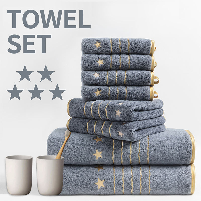 Luxury Coral Fleece Bath Towel Set with Golden Star Embroidery, Super Absorbent, Soft Plush, for Hotel and Spa Bathroom