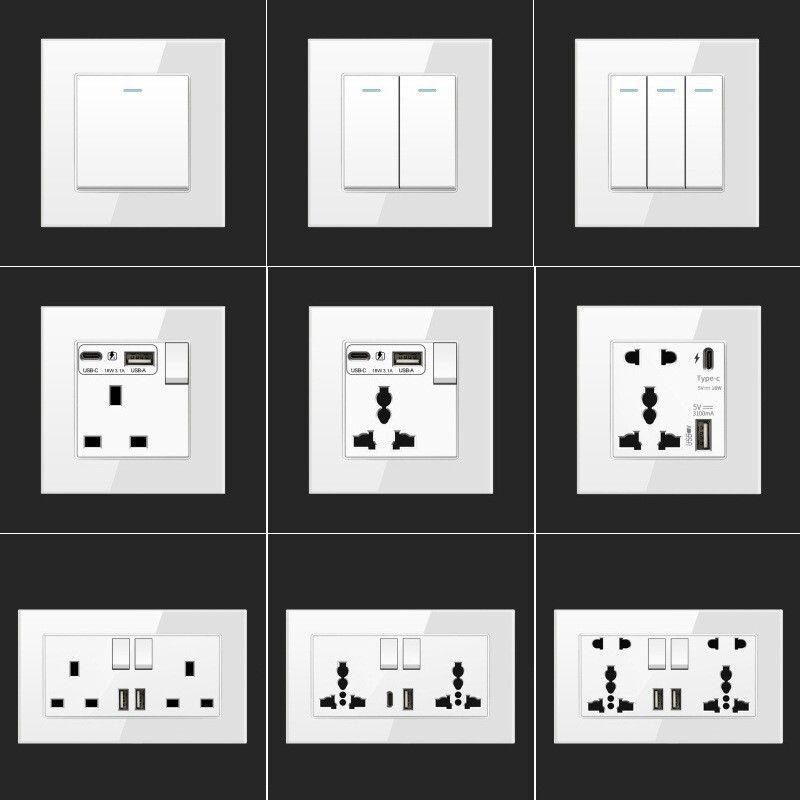 Hong Kong and Macao version 13A British socket with USB fast charge type-c British standard square foot three-hole white glass panel