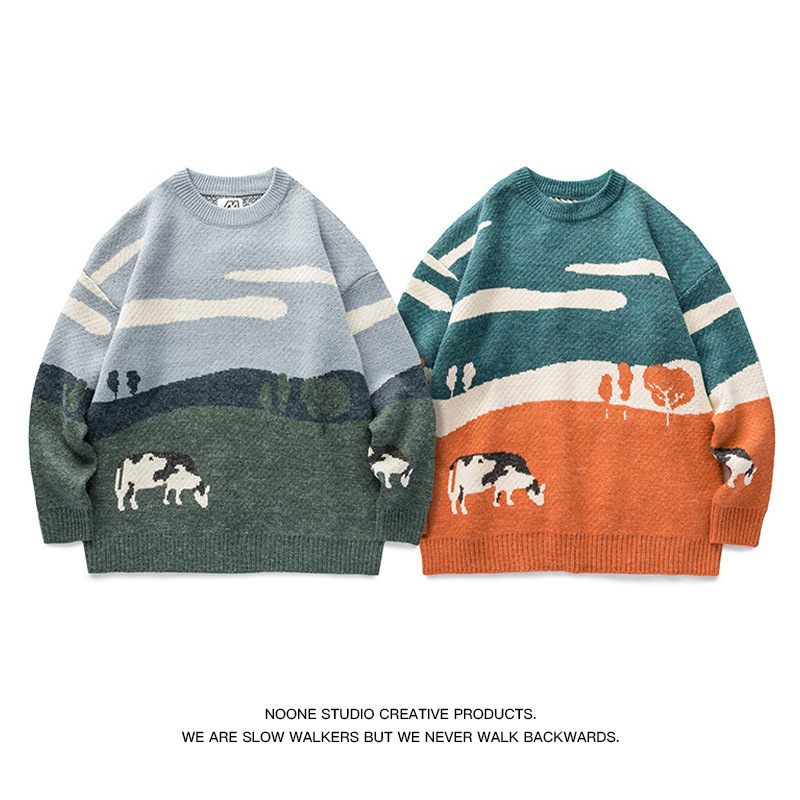 Men's Fun Cow Fresh Round Neck Sweater Trendy Brand Japanese Style Pullover Hong Kong Style ins Color Split Knit Top