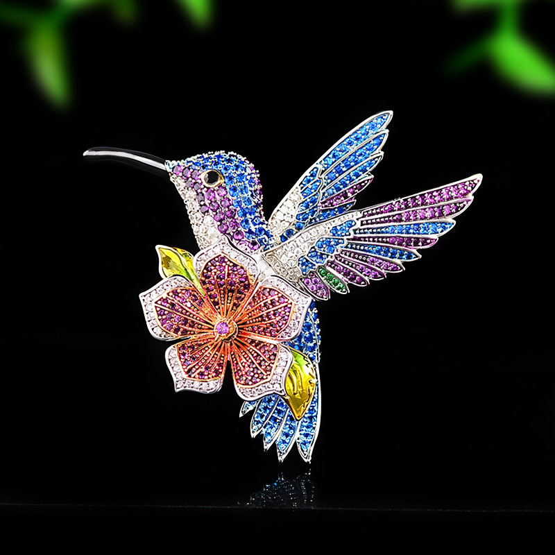 Enamel hummingbird flower brooch, European and American vintage full-diamond brooch, dress and suit accessory, available for one-piece drop shipping