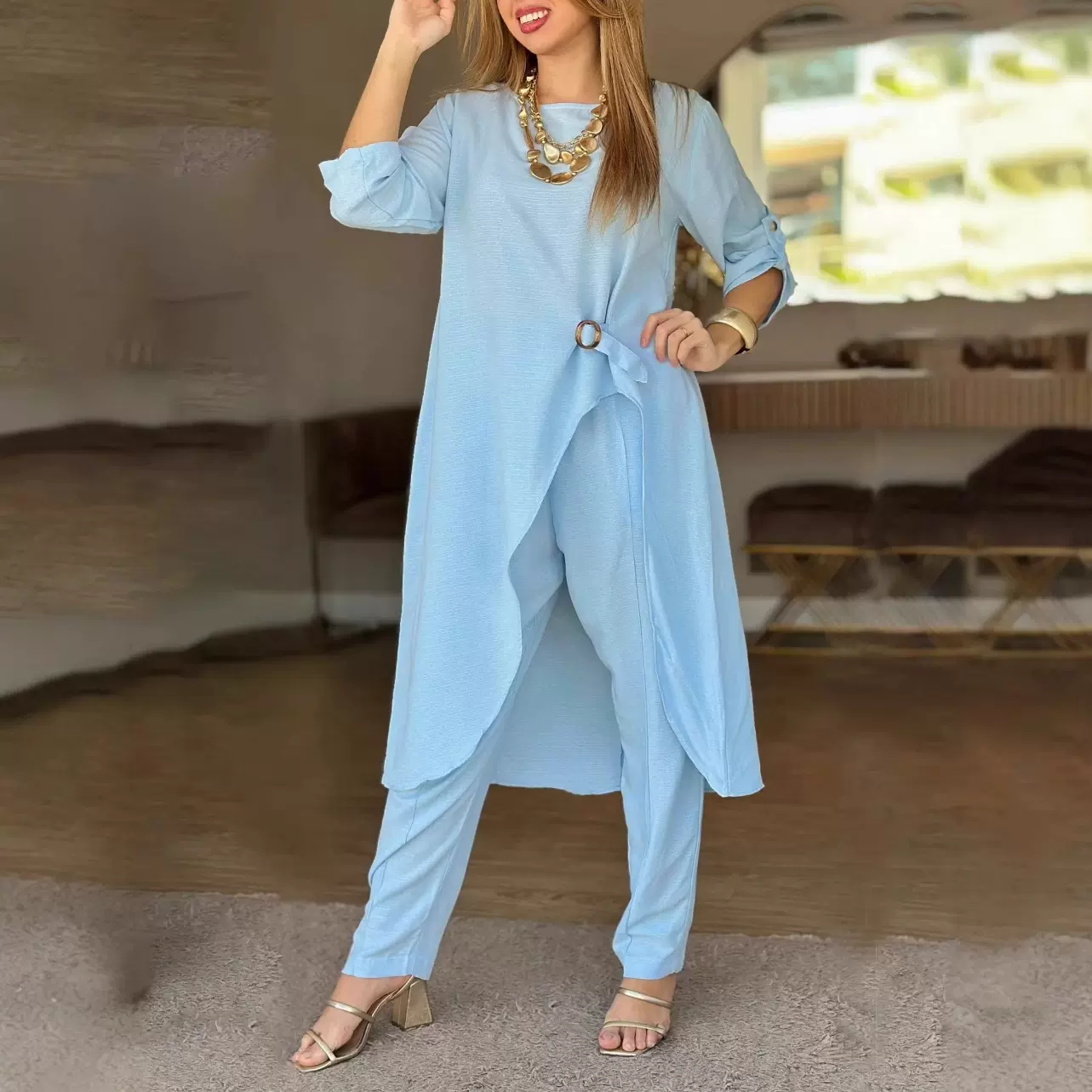 2025欧美女装 亚马逊 独立站 纯色休闲长裤 搭配套头外套 连衣裙