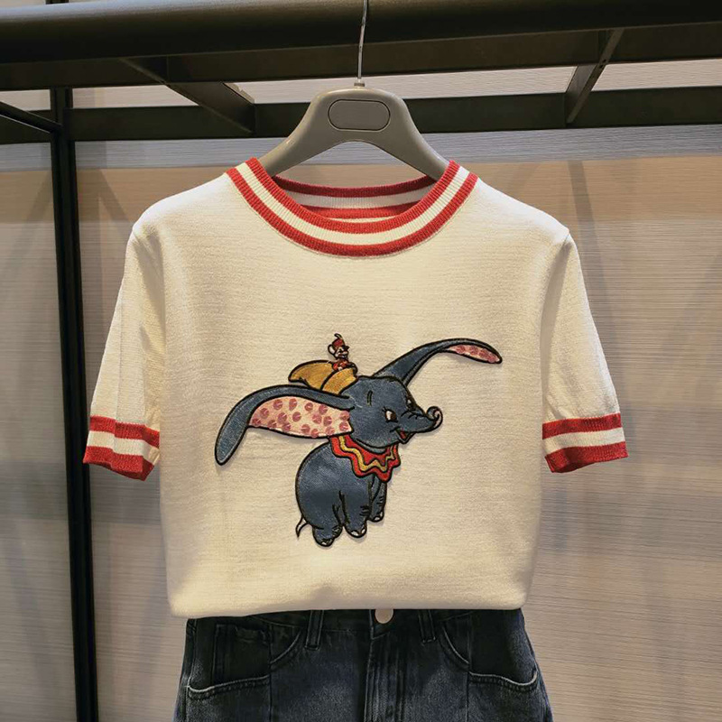 Gejia's New 2024 Summer Dumbo Embroider Print Contrasting Ice Silk Knitted Bottoming Shirt Thin Short-Sleeved T-Shirt