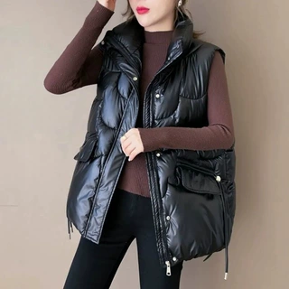 反季宽松亮面免洗棉马甲女加厚百搭大口袋马夹外套背心韩版米白色
