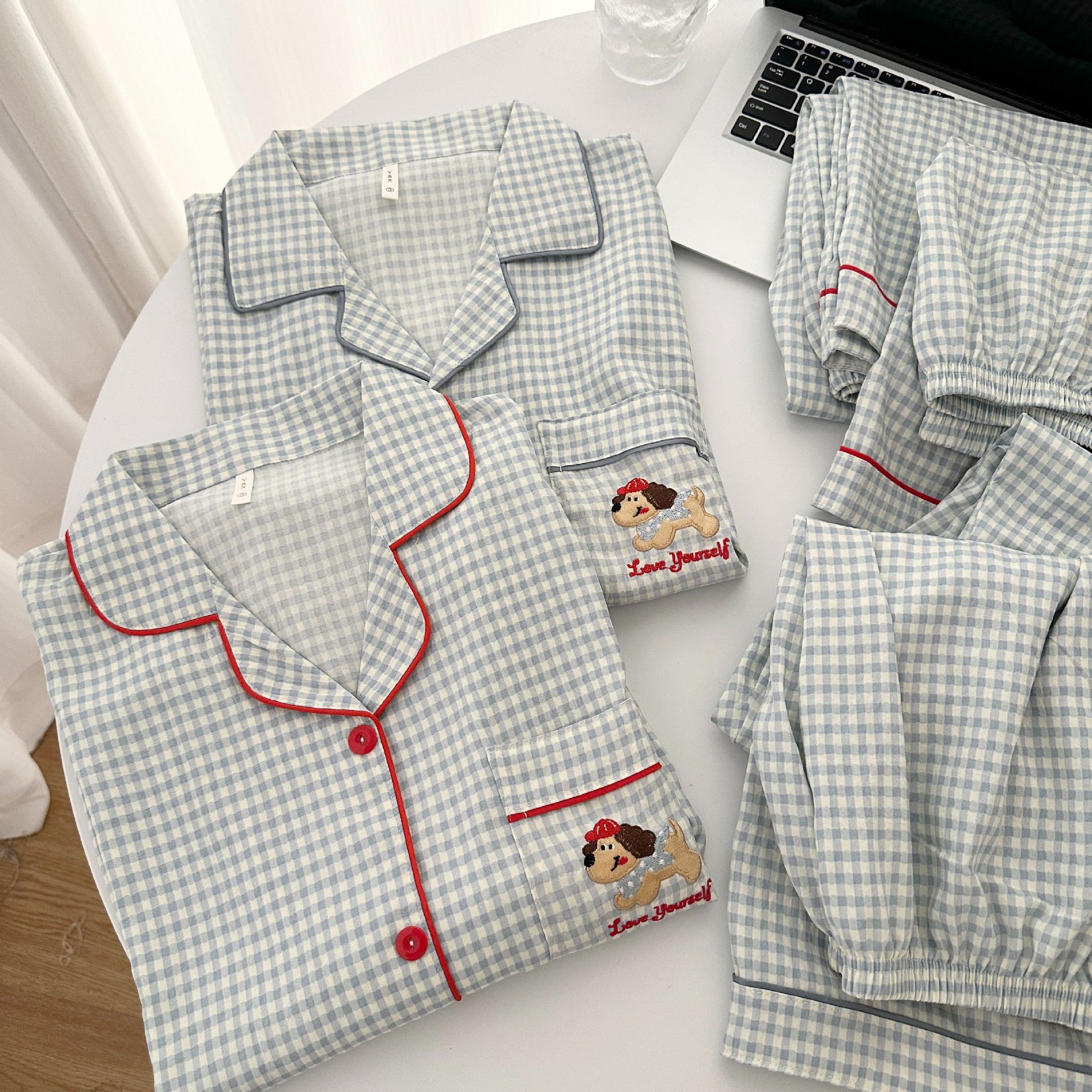 Yunduo Cotton Couple Pajamas Summer Women's Korean Style Plaid Cartoon Short-Sleeved Three-Piece Set Casual Loose Home Clothes for Men