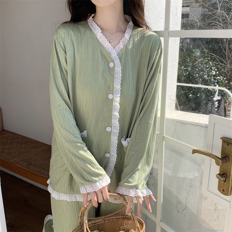 Al por mayor transfronterizo primavera y otoño nuevo con cojín de pecho encaje de bambú jacquard camiseta encaje ropa de casa pijamas mujeres