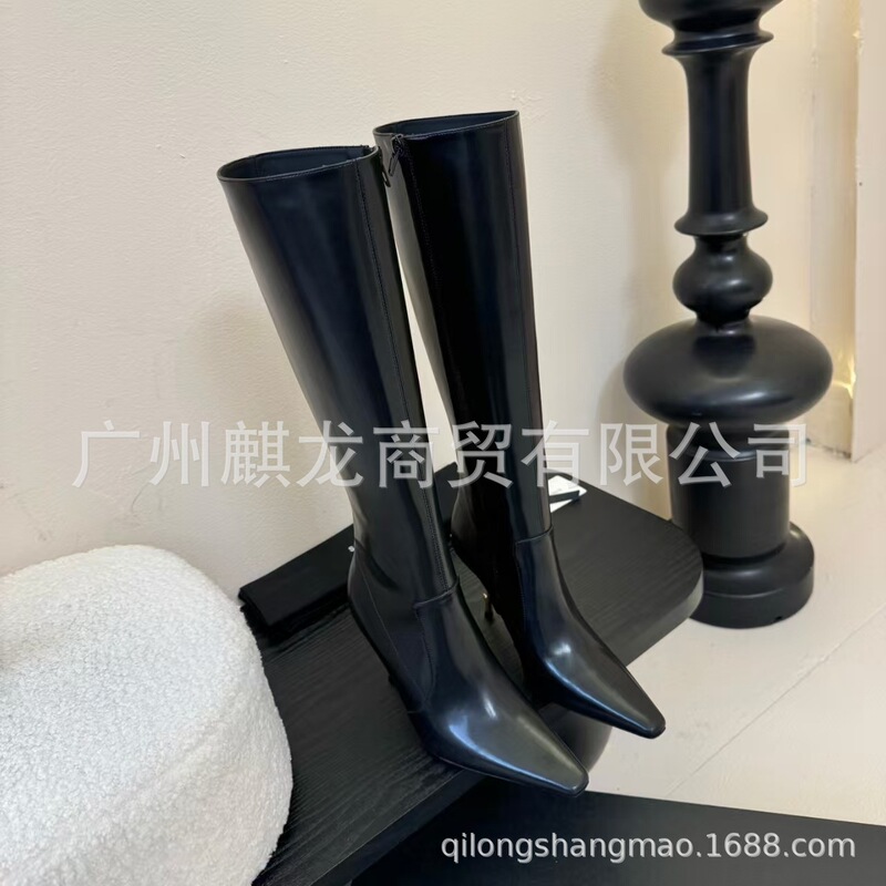 高端2025秋冬真皮尖头复古电镀细跟高跟侧拉链高筒显瘦不过膝长靴|undefined