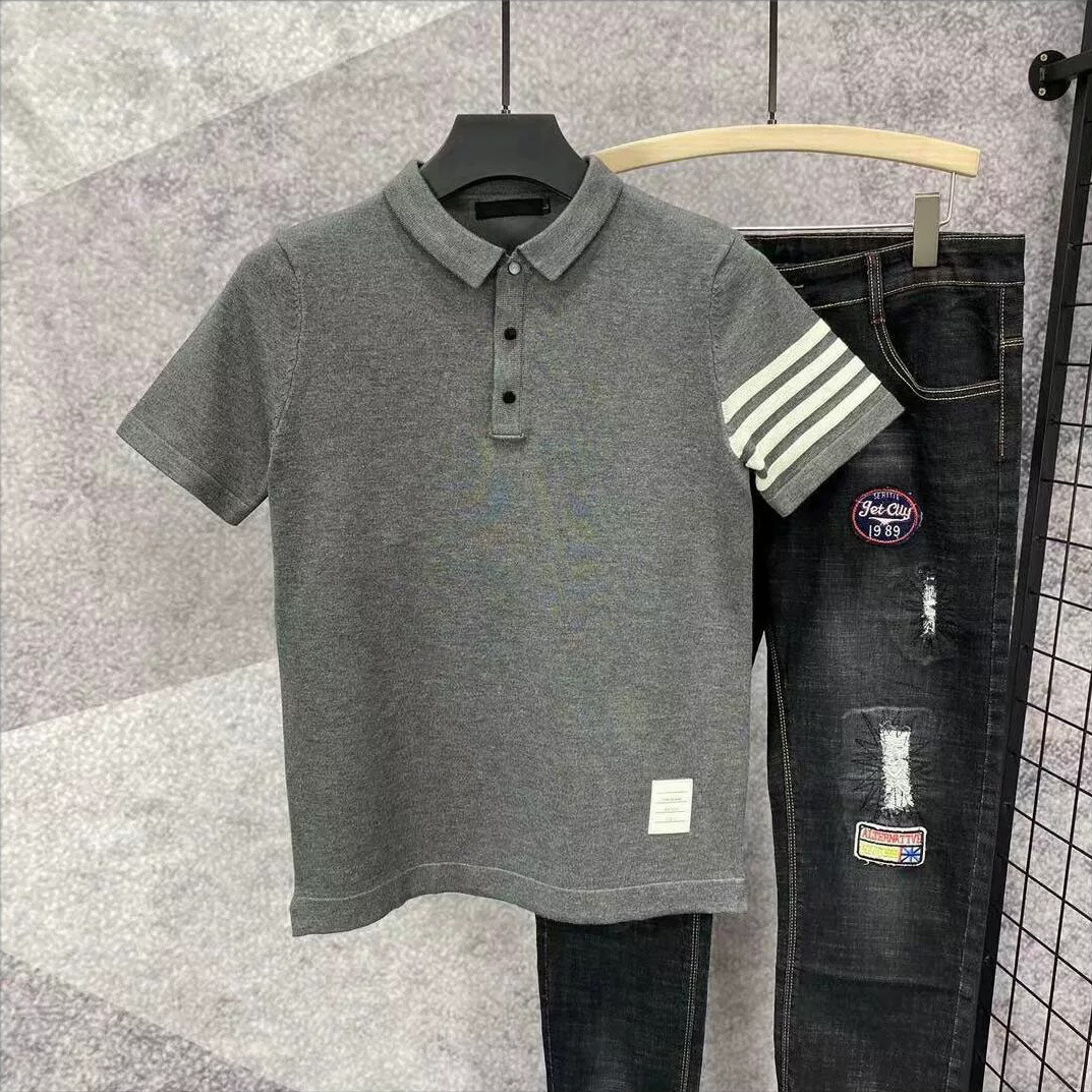 Polo camiseta de punto camiseta de manga corta camiseta de hombre con solapa cuatro barras rayas viejas líneas de negocios de verano fábrica transfronteriza mayorista