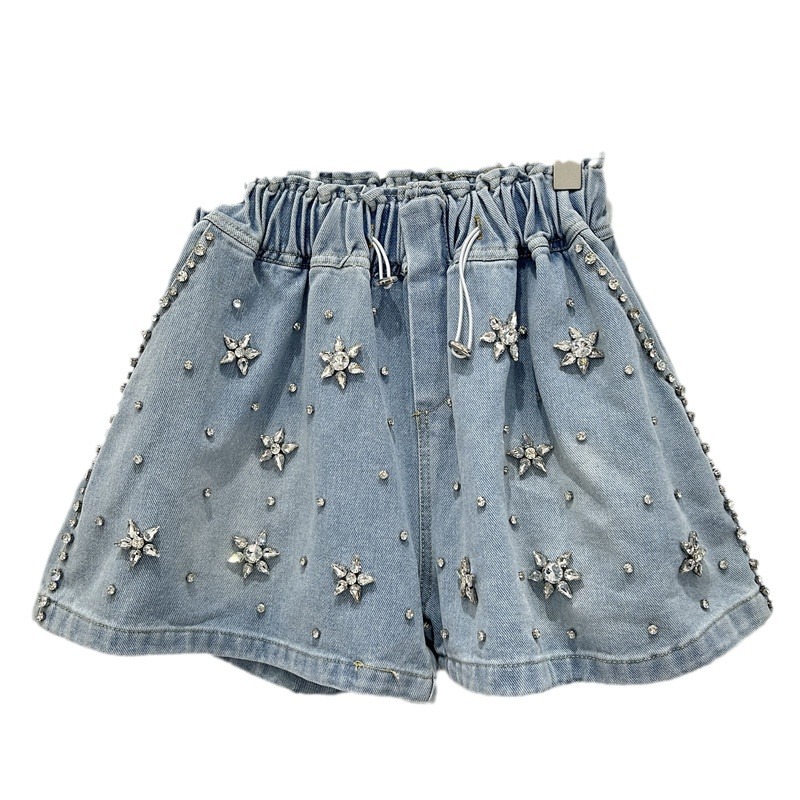 Pantalones Cortos de Mezclilla de Pierna Ancha con Cintura Elástica y Diamantes para Verano