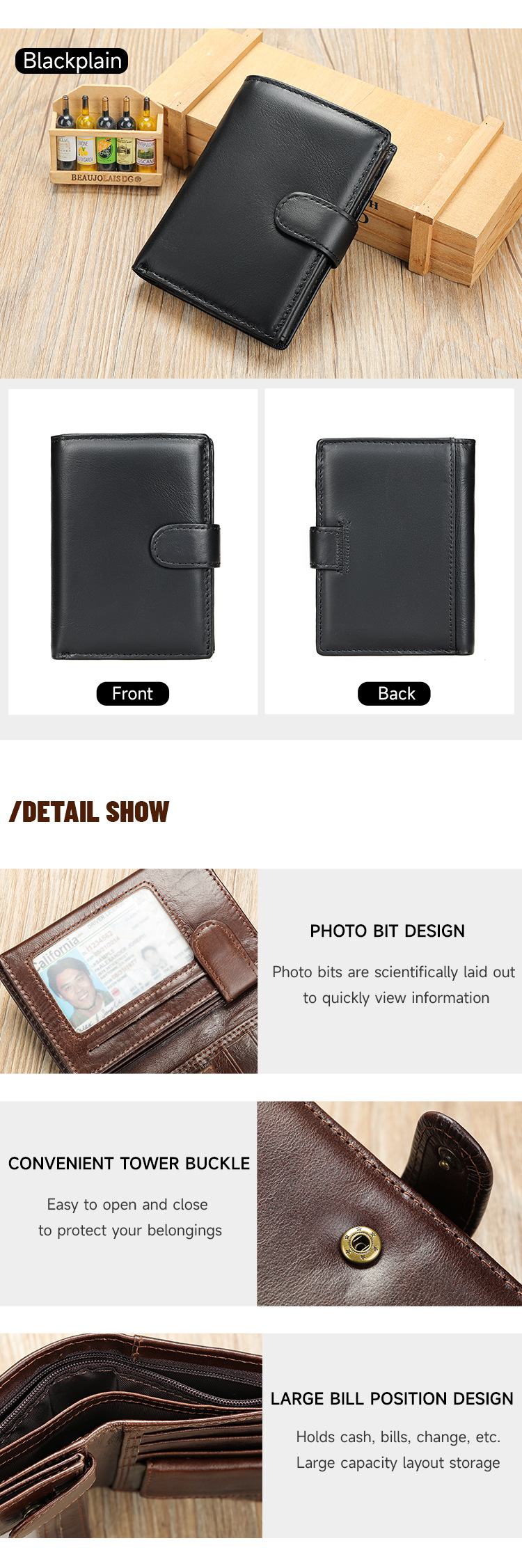 Ví da nam dài nhiều khe thẻ chống RFID, 3 ngăn, da bò thật — Đen, Đen trơn, Nâu cà phê, Đỏ nâu chi tiết 14