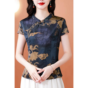 Summer New Style Chinese Retro Silk Fragrant Cloud Yarn Short-Sleeved Tops for Mothers, Floral Mulberry Silk Shirts and T-Shirts