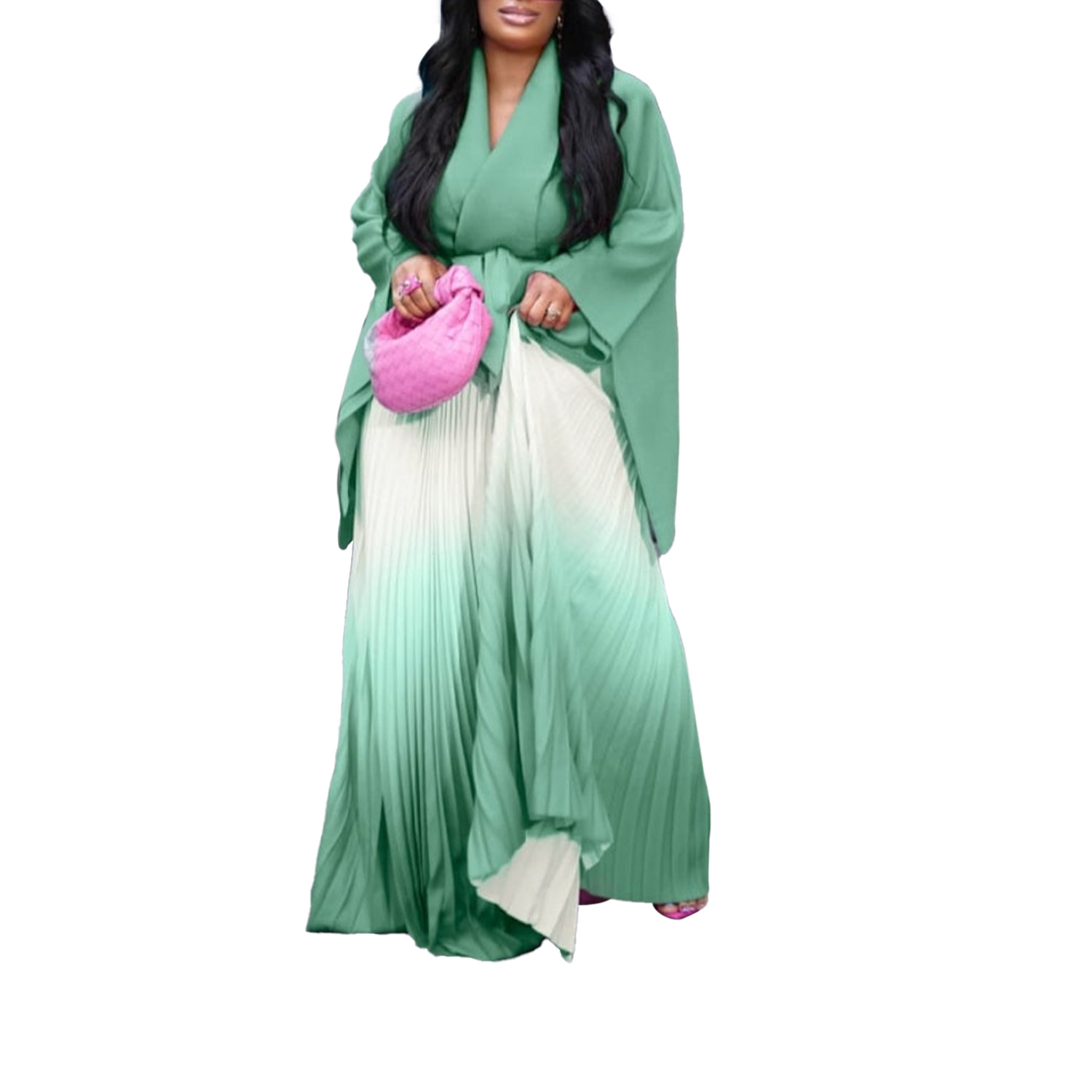 Damenbekleidung plissierter unregelmäßiger Schnürer oben mit Farbverlaufsrock zweiteiliger Anzug_voghion.com