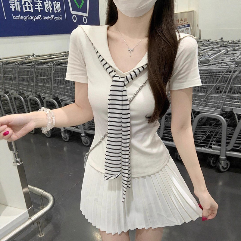 College Style Navy Collar Short-Sleeved T-Shirt Women's Summer Retro Stripesd Contrast Tie Slimming Look Waist Top