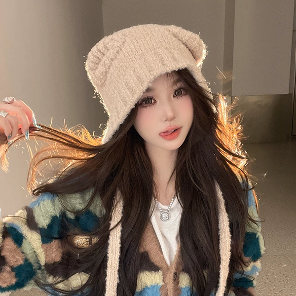 C2769 bear ears knitted ear protection hat khaki