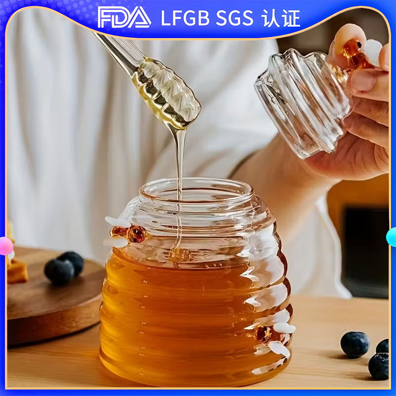 Glass Honey Jar with Lid, Glass Stirring Honey Bottle, Household Transparent Jam Cup, Storage Glass Jar