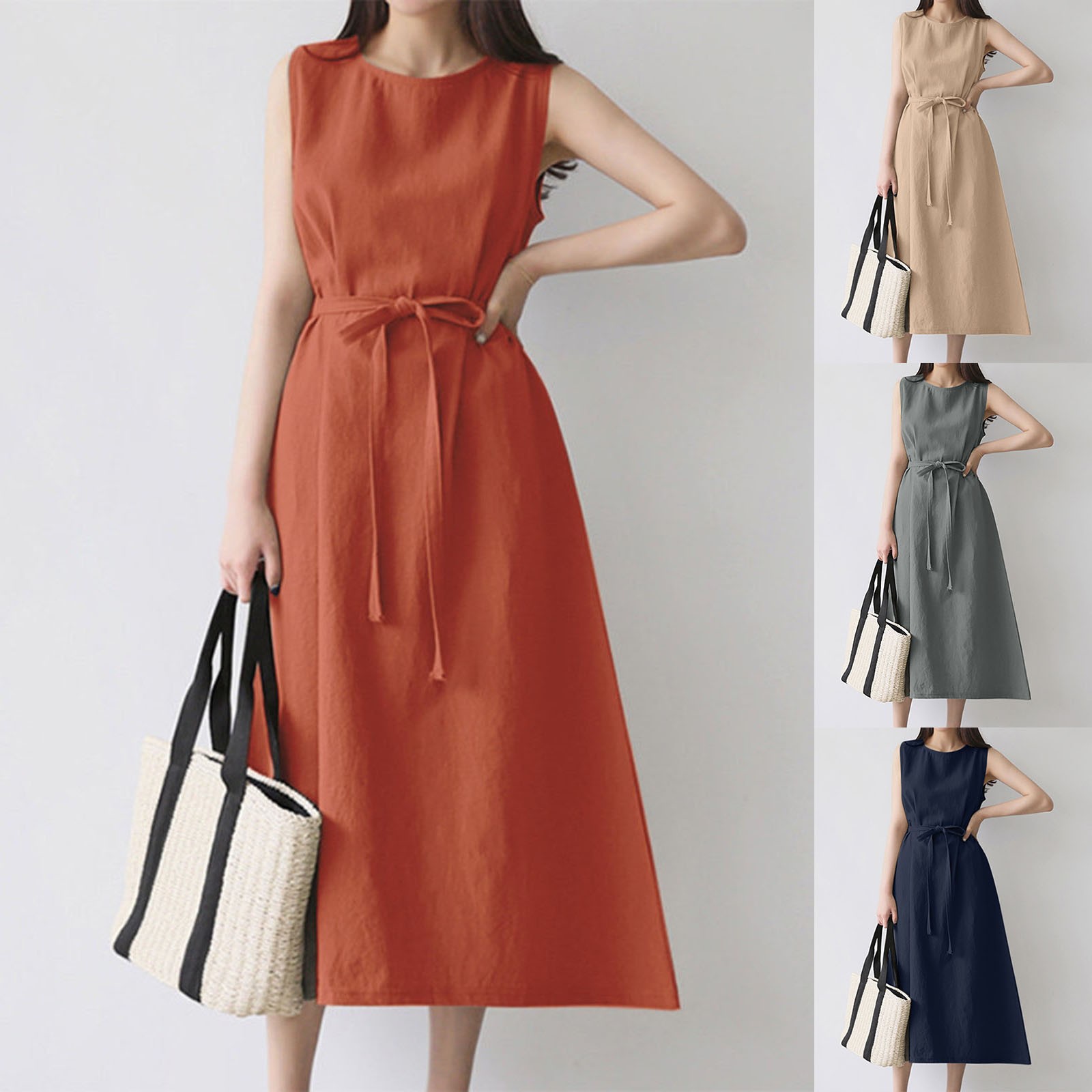 European And American Cross-border Women's Fashion Loose Bohemian Sleeveless Round-neck Solid Color Cotton-linen Long_ecoleips.com