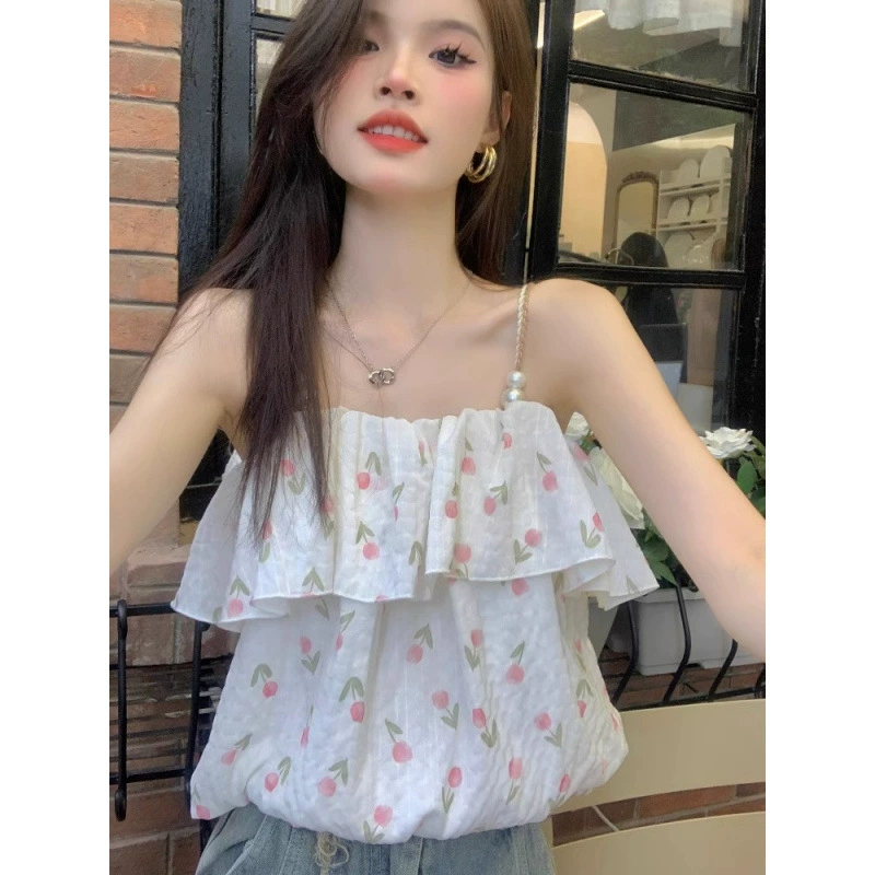 Шифоновая блузка с цветочным принтом "Тюльпан" на одно плечо, женственная верхняя одежда для лета 2025, сексуальный топ на бретелях