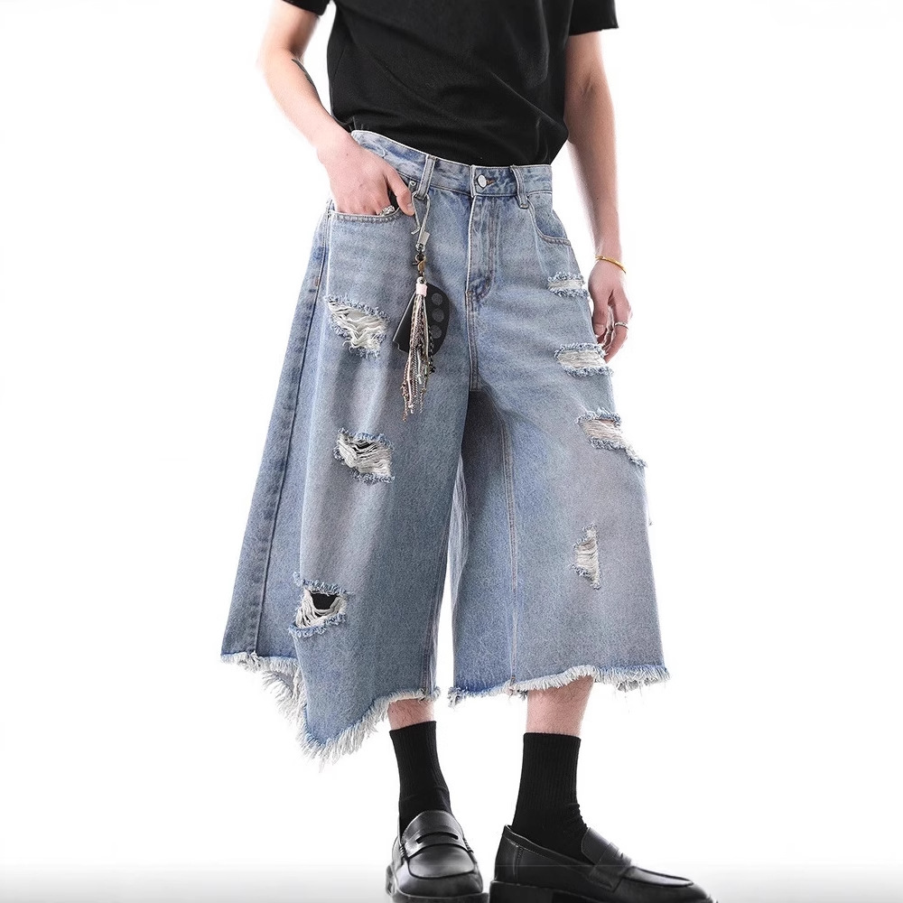 Irregular Tassel Raw Edge Ripped Cropped Jeans Men's Summer American High Street Retro Washed Loose Wide Leg Pants