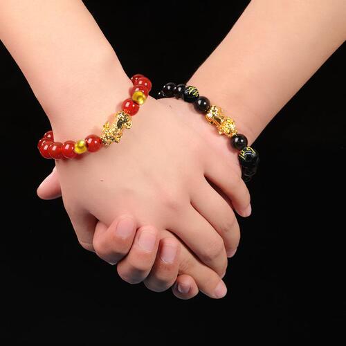 Cross-border fashion obsidian couple's bracelets with Pixiu, Six Syllable Mantra New Year Bracelets, Gold Light Luxury Style Buddhist Rosary Chains