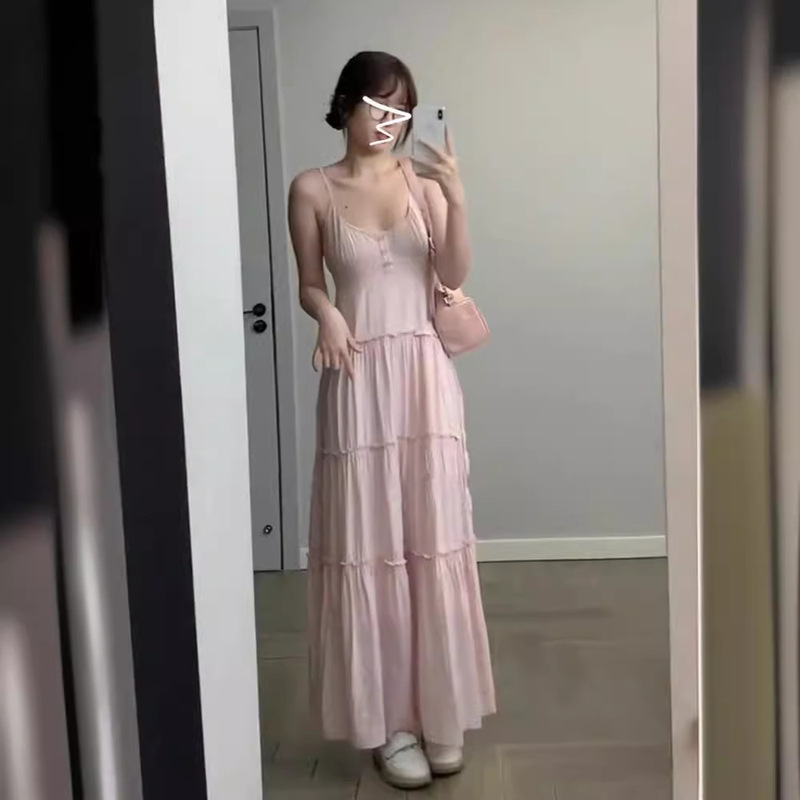 Gentle Style Pink Slip Dress dress Women's Summer New Sweet Waist Slimming A- line Dress Elegant Long Dress