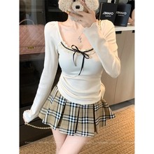 纯欲风蕾丝花边拼接长袖T恤女甜辣妹修身内搭打底短款上衣可外穿