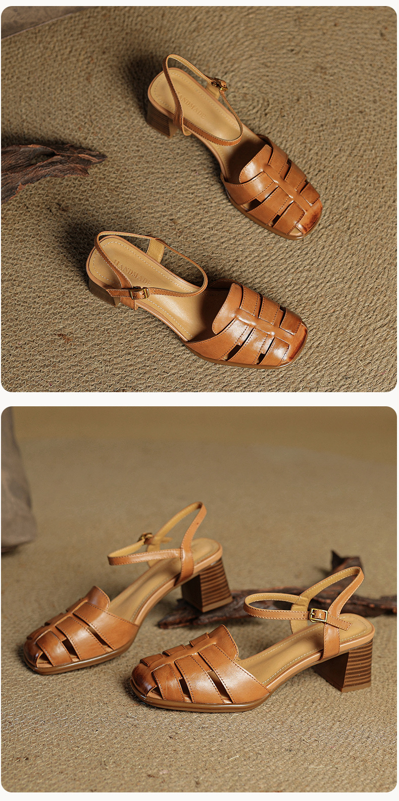 Sandal cao gót nữ quai ngang mũi kín da cừu dệt rỗng phong cách vintage — đen chi tiết 24