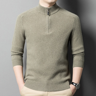 High-end Brand Autumn and Winter Knitted Zipper Collar 100 Wool Sweater Men's Warm Striped Jacquard Mock Turtleneck Sweater